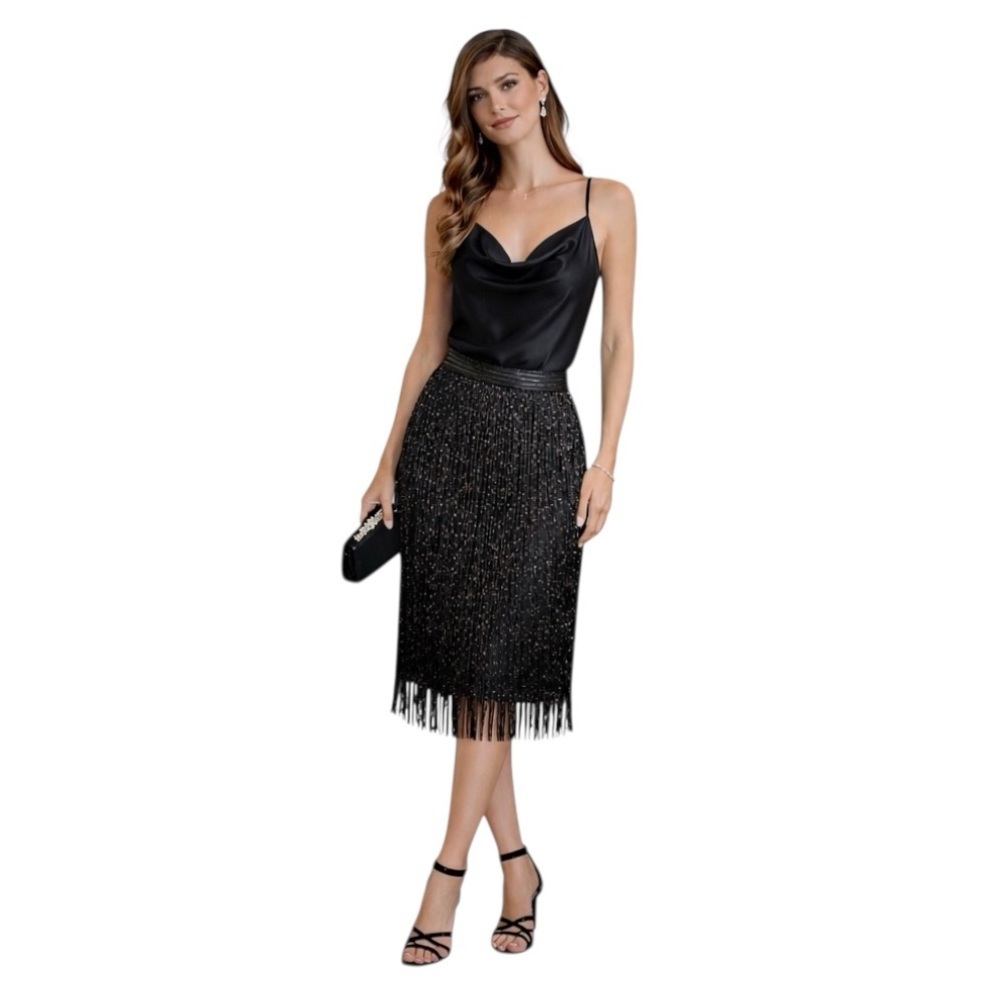 Vintage Black Beaded Midi Skirt | Gatsby Art Deco Evening Glamour | Amen Wardy